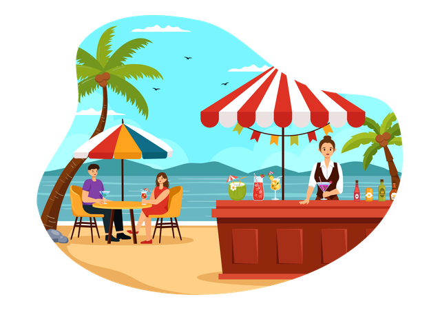 Jeune couple appréciant un verre au bar de la plage  Illustration