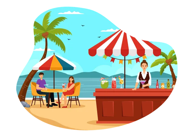 Jeune couple appréciant un verre au bar de la plage  Illustration