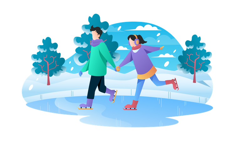 Jeune couple appréciant le patinage sur glace  Illustration