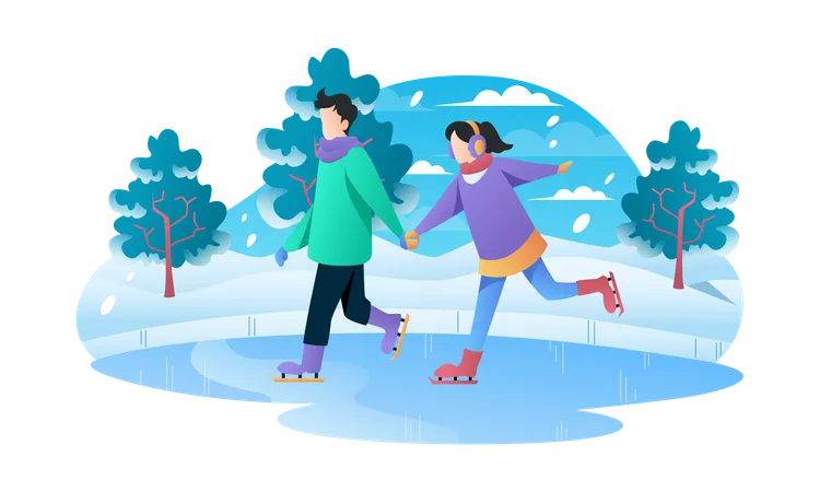 Jeune couple appréciant le patinage sur glace  Illustration