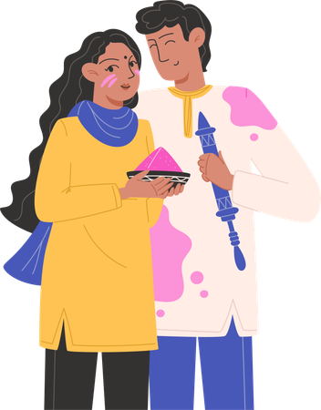 Jeune couple profitant de holi  Illustration