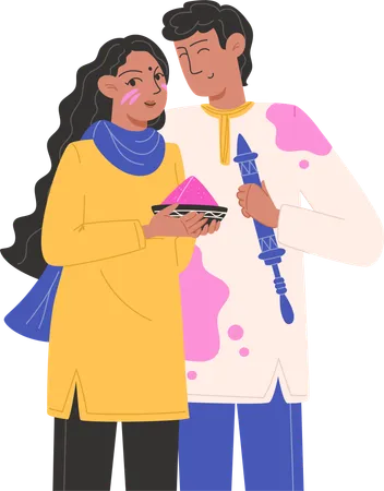 Jeune couple profitant de holi  Illustration