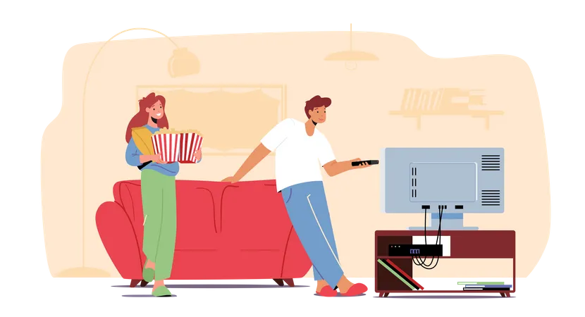Jeune couple regardant la télévision avec du pop-corn à la maison  Illustration