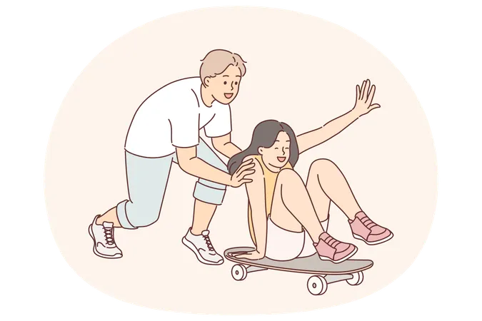 Un jeune couple s'amuse dans un skate park et profite du plaisir de se détendre ensemble et de faire du skateboard  Illustration