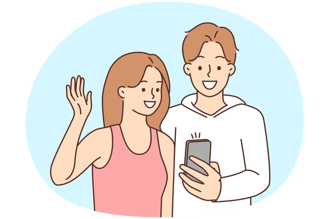 Un jeune couple souriant parle en appel vidéo sur son téléphone portable  Illustration