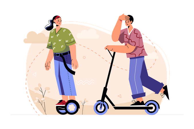 Jeune couple à cheval sur un scooter électrique  Illustration