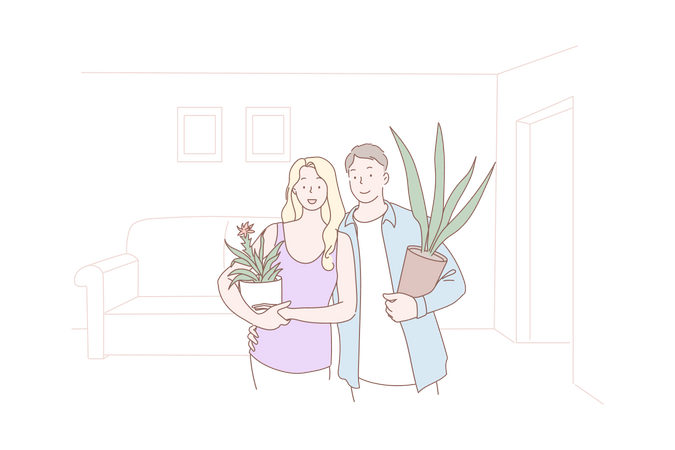 Jeune couple, tenue, pot plante  Illustration