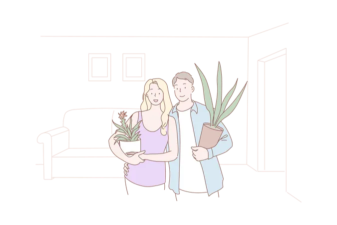 Jeune couple, tenue, pot plante  Illustration