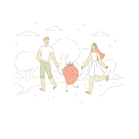 Jeune couple végétalien en promenade en plein air  Illustration