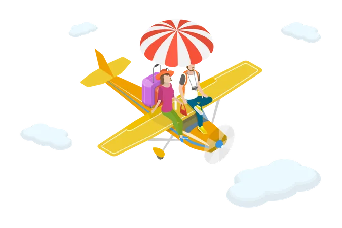 Jeune couple voyageant en avion pour les vacances  Illustration