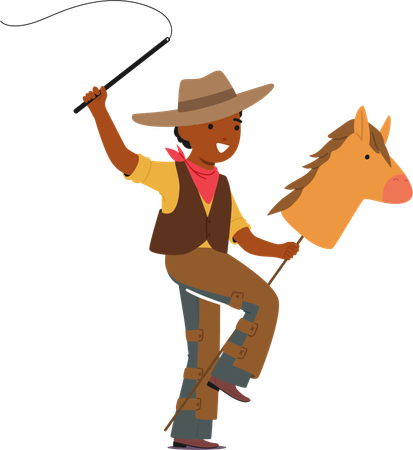 Jeune Cowboy En Costume Vibrant Cheval De Bois, galope Avec Une Joie Sans Limites  Illustration