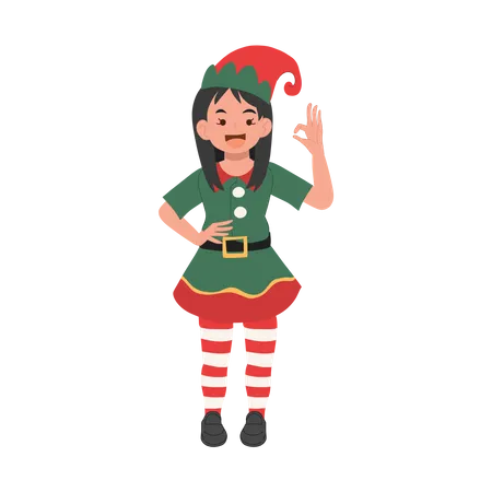 Jeune fille elfe de Noël avec signe de la main OK  Illustration