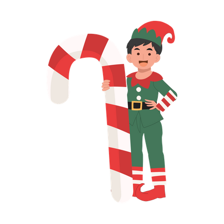 Jeune garçon elfe de Noël avec canne en bonbon  Illustration