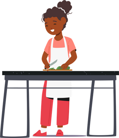 Jeune enfant apprenant joyeusement les compétences culinaires  Illustration