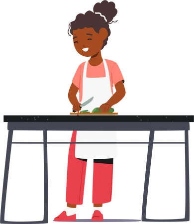 Jeune enfant apprenant joyeusement les compétences culinaires  Illustration