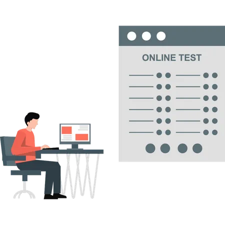 Un jeune étudiant passe un test en ligne  Illustration