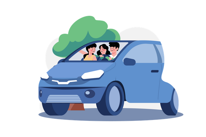 Jeune famille assise dans une voiture avec  Illustration