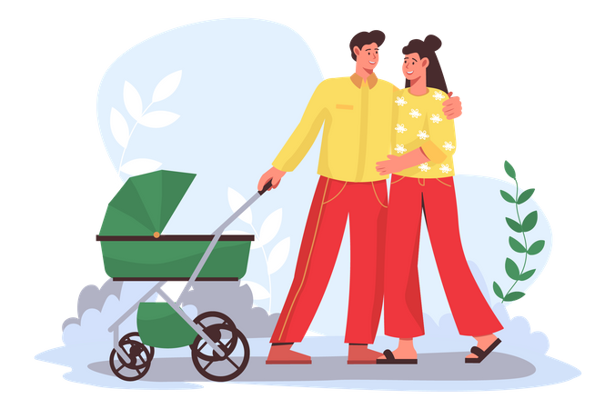 Une jeune famille se promène avec bébé dans une poussette dans le parc  Illustration