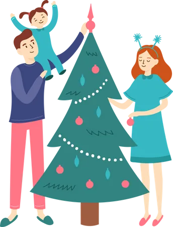 Une jeune famille décore l'arbre de Noël  Illustration