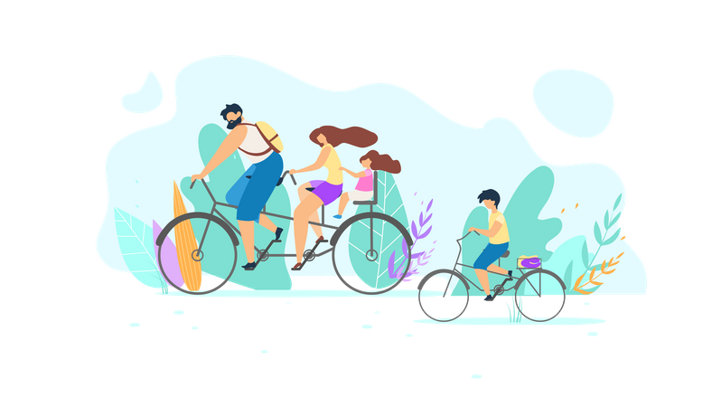 Jeune famille faisant du vélo  Illustration
