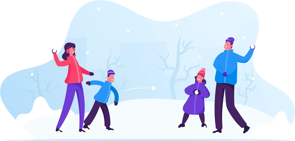 Jeune famille jouant à la bataille de boules de neige et s'amusant dans la neige en hiver  Illustration