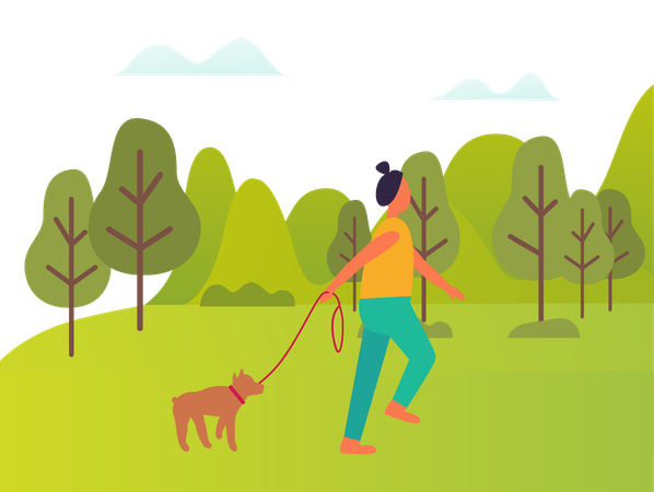 Une jeune femme a emmené son chien en promenade  Illustration