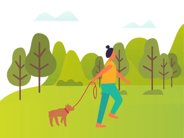 Une jeune femme a emmené son chien en promenade  Illustration