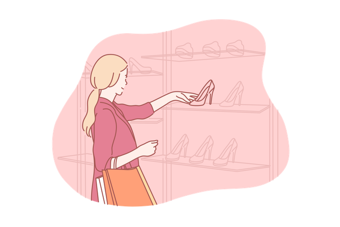 Jeune femme achetant des chaussures en boutique  Illustration