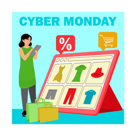 Une jeune femme achète des vêtements en ligne le Cyber ​​​​Monday  Illustration