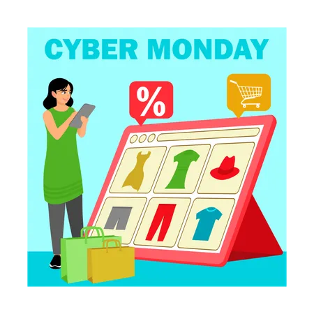 Une jeune femme achète des vêtements en ligne le Cyber ​​​​Monday  Illustration