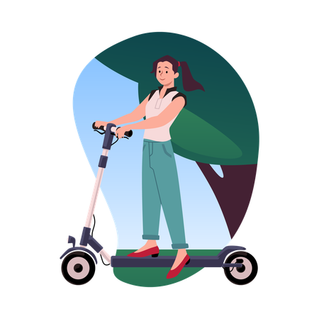 Jeune femme active conduisant un scooter électrique dans un parc, personnage féminin conduisant un transport urbain écologique  Illustration