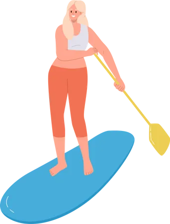 Jeune femme active debout sur supboard paddle  Illustration