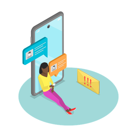 Une jeune femme dépendante du téléphone portable  Illustration