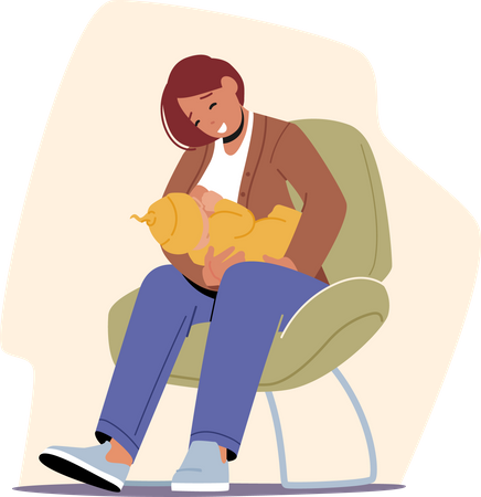 Jeune femme allaitant un bébé avec un sein assis sur une chaise  Illustration