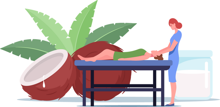 Jeune femme allongée sur une table de massage à l'huile de noix de coco au spa  Illustration