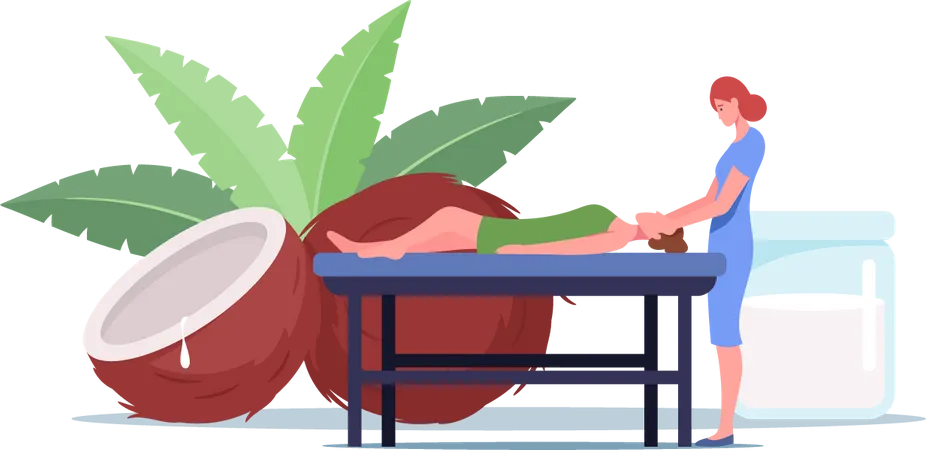 Jeune femme allongée sur une table de massage à l'huile de noix de coco au spa  Illustration