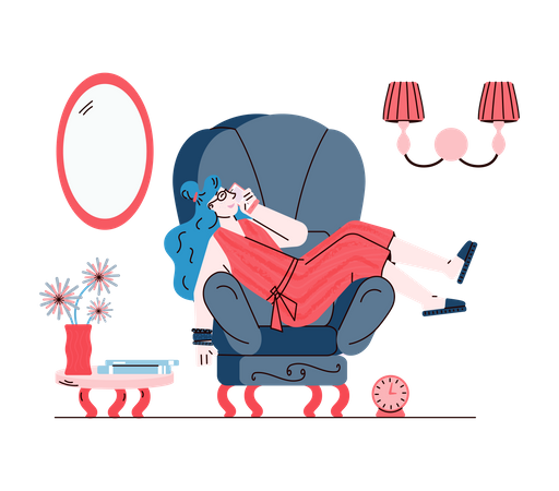 Jeune femme allongée sur une chaise, parlant au téléphone et souriant  Illustration