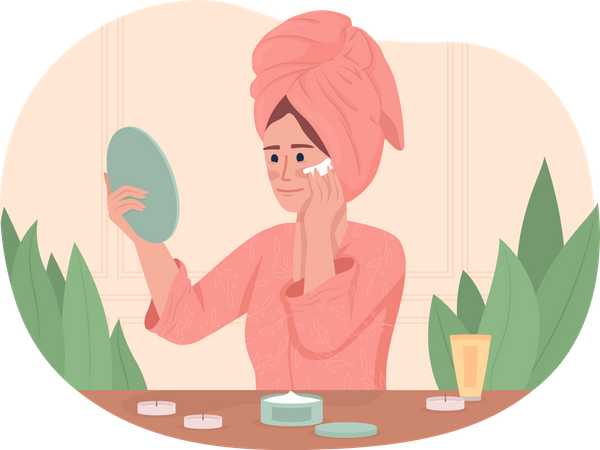 Jeune femme appliquant une crème pour le visage  Illustration