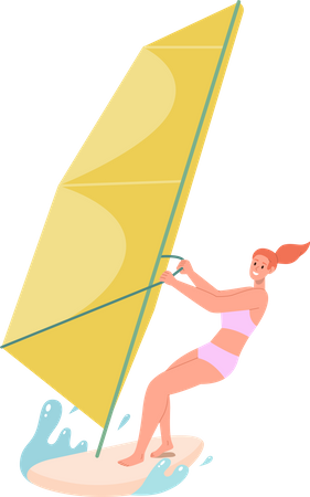 Jeune femme appréciant la planche à voile engagée dans les sports nautiques  Illustration