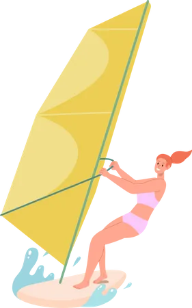 Jeune femme appréciant la planche à voile engagée dans les sports nautiques  Illustration