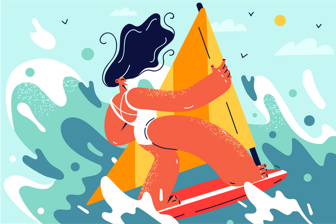 Jeune femme appréciant le surf  Illustration