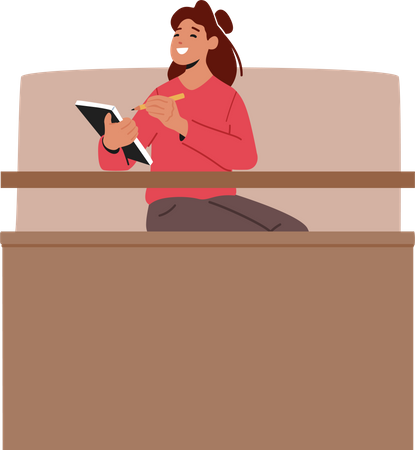 Jeune femme assise au bureau avec un bloc-notes dans le hall universitaire  Illustration