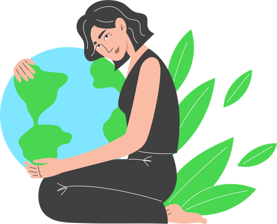 Jeune femme assise sur le sol embrassant la Terre  Illustration