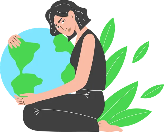 Jeune femme assise sur le sol embrassant la Terre  Illustration