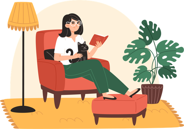 Jeune femme assise sur un fauteuil avec chat et livre de lecture à la maison  Illustration