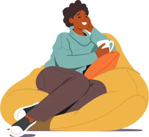 Jeune femme assise sur un pouf et buvant du café  Illustration