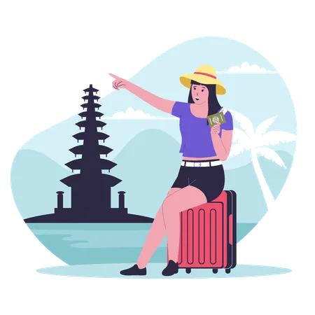 Jeune femme assise sur une valise tout en profitant de ses vacances à Bali  Illustration