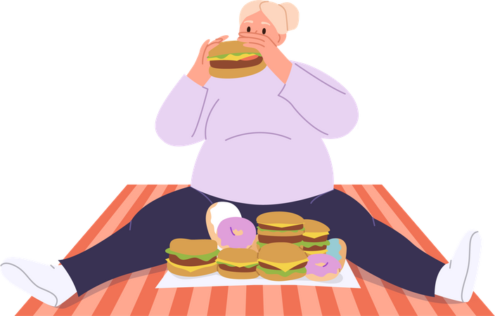 Jeune femme avec gros ventre mangeant des hamburgers  Illustration