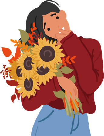 Jeune femme avec bouquet de tournesol  Illustration