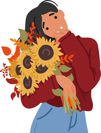 Jeune femme avec bouquet de tournesol  Illustration